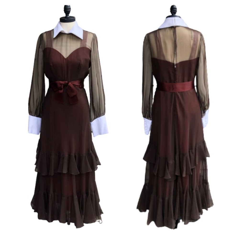 Vtg 60s/70s Wednesday Addams Goth Prairie Tiered Ruffle Contrast Trim Maxi Dress